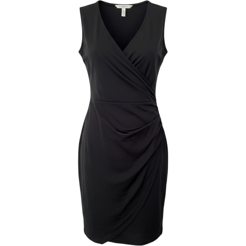 Athleta Santorini Dress Women Medium Black Faux Wrap Ruched V-Neck Athleisure